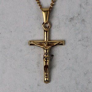Gold Crucifix Cross Pendant Cuban Link Chain Necklace
